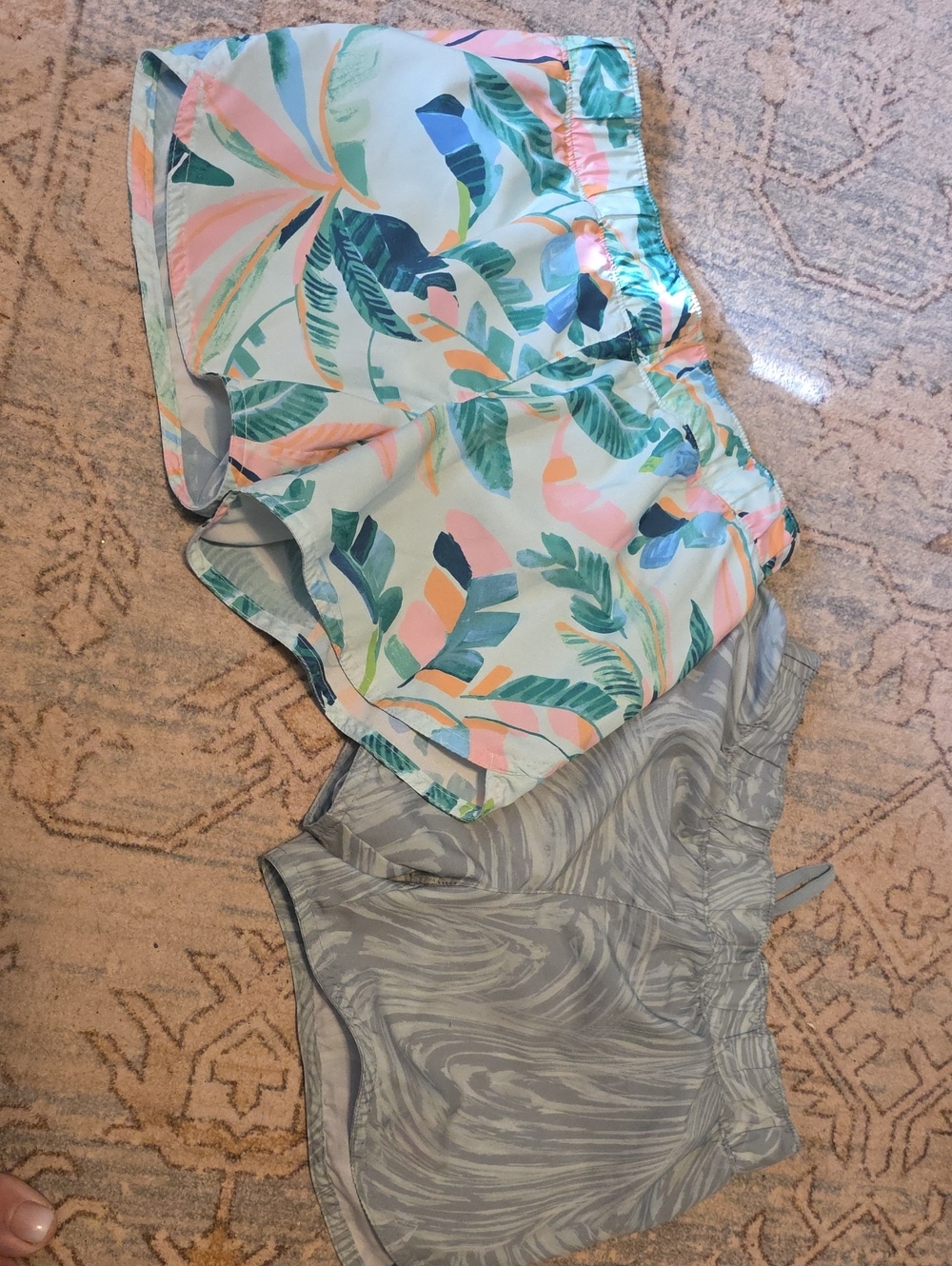 Tropical Leaf Print Athletic Shorts + Green Marble Running Shorts - Set